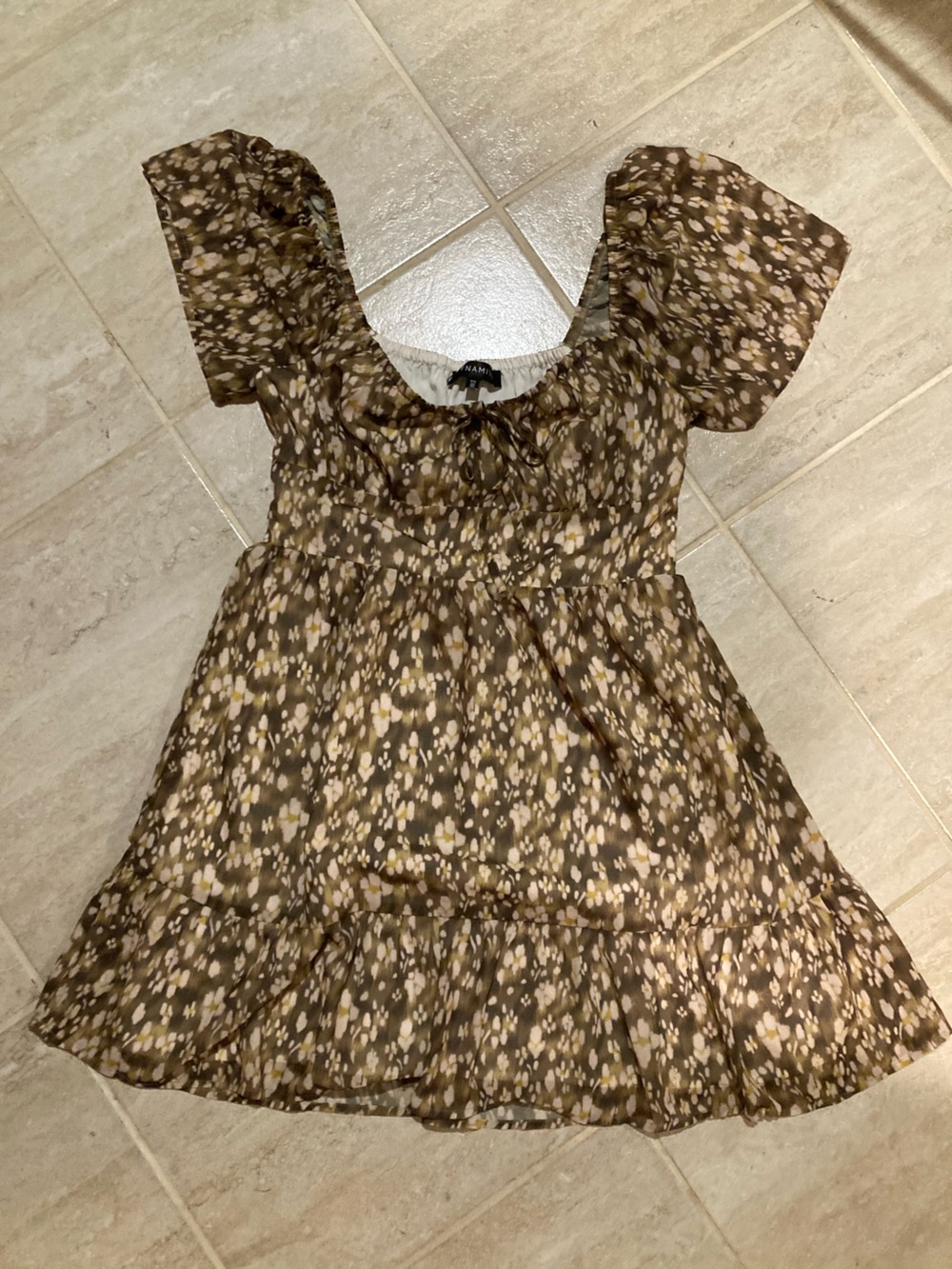 Dynamite Brown, Mustard and Cream Floral Tiered Mini Dress